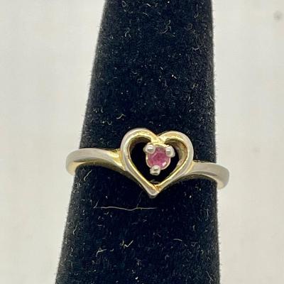 14k HG ring, heart shaped red stone