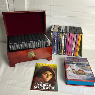 U1039 Lot of 100 Years of National Geographic in Wooden Box with Additional History, Travel DVDs