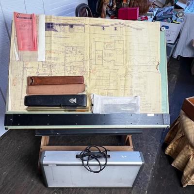 U873 Vintage Drafting Table, Rulers, Clipers, and Light Box Lot