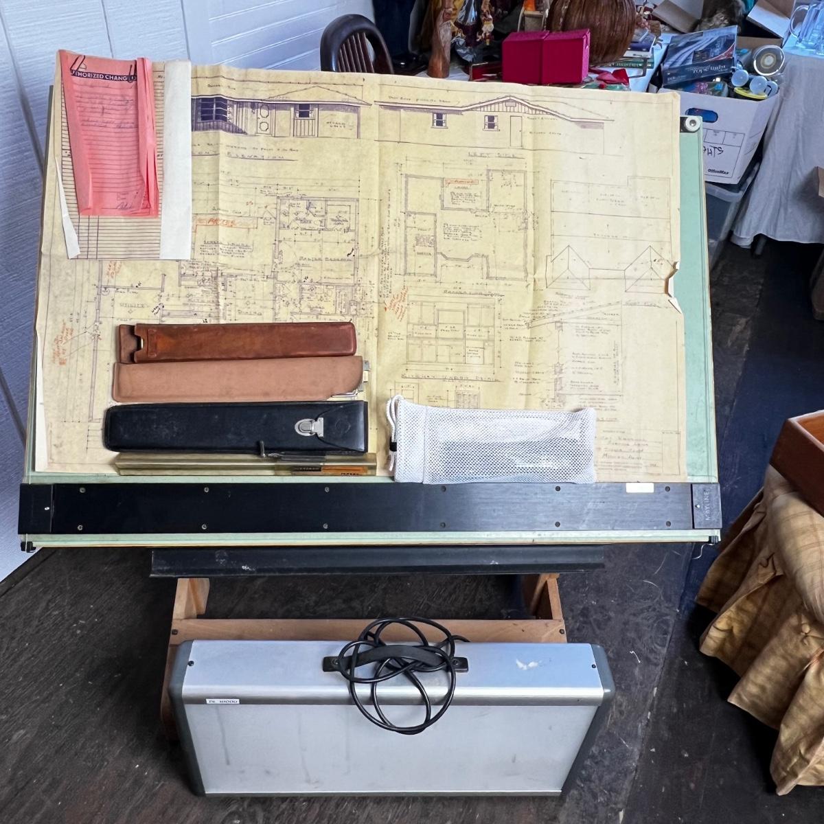 U873 Vintage Drafting Table, Rulers, Clipers, and Light Box Lot