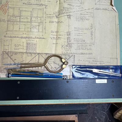 U873 Vintage Drafting Table, Rulers, Clipers, and Light Box Lot