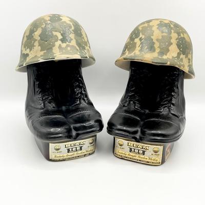 JIM BEAM ~ Pair (2) ~ 1975 GI Military Boots & Camo Helmet Decanter