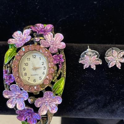 Pink & purple flower watch and post earrings