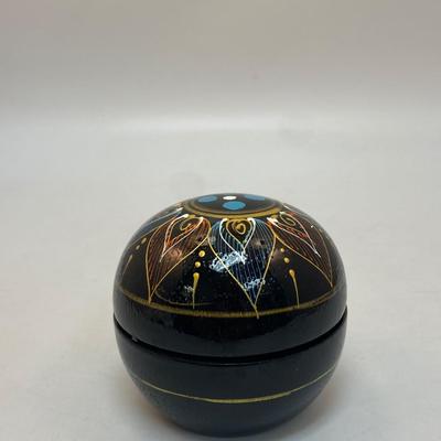 Vintage Painted Black Lacquer Round Trinket Box