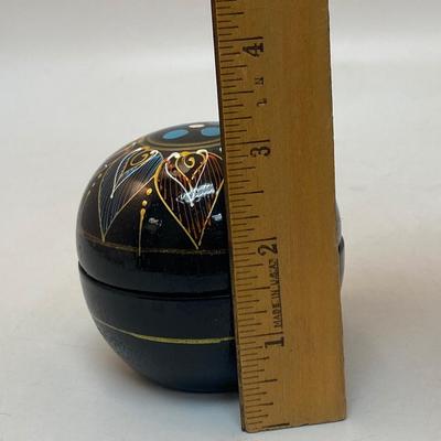 Vintage Painted Black Lacquer Round Trinket Box