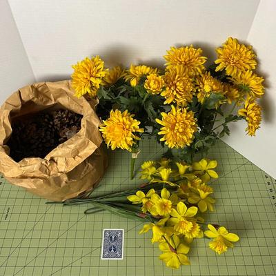 Artificial Yellow Flowers and Pinecones