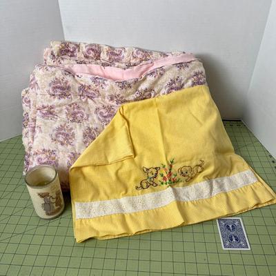 Vintage Stitched Pillowcase, Blanket, and Candle
