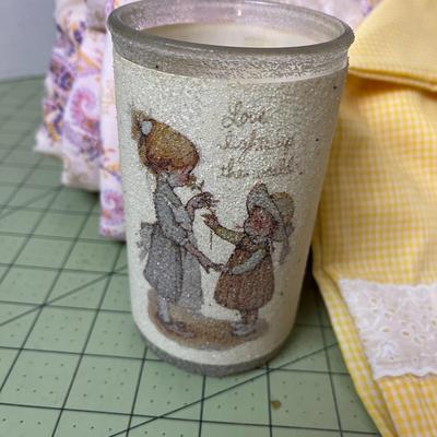 Vintage Stitched Pillowcase, Blanket, and Candle
