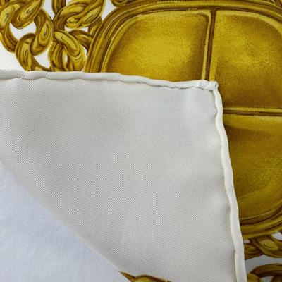 210 Authentic CHANEL White Background Gold Chain Design 100% Silk Scarf