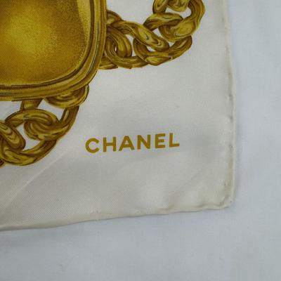 210 Authentic CHANEL White Background Gold Chain Design 100% Silk Scarf