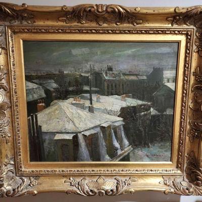 "Rooftops" by Gustave Caillebotte... Vintage Signed Oil Painting replica of original in Musee du Louvre in Paris.