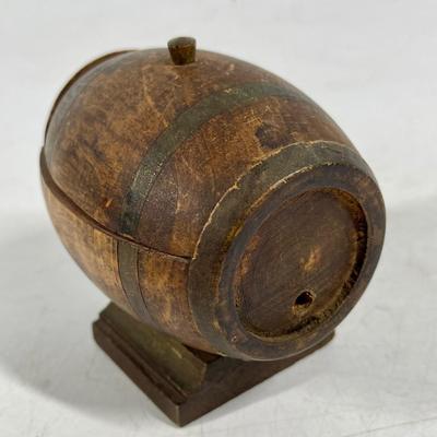 Antique Treen Money Box Wine Barrel Wood Bank Safe Trinket Box