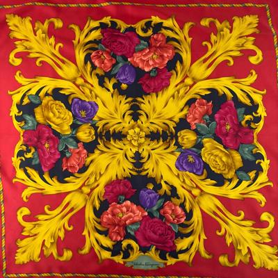 218 Authentic Salvatore Ferragamo Red & Gold Floral Design Silk Scarf