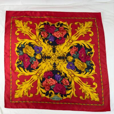 218 Authentic Salvatore Ferragamo Red & Gold Floral Design Silk Scarf