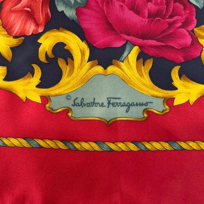 218 Authentic Salvatore Ferragamo Red & Gold Floral Design Silk Scarf