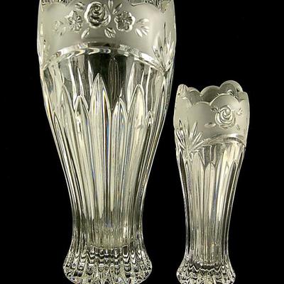 Large & Small Frosted Crystal Glass Rose Vase Set