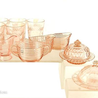 Set of Pink Deppression Glass Dishes, Tumblers, Creamers & Sugars