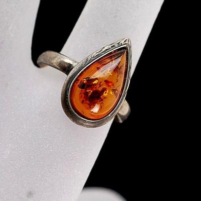 Sterling Teardrop Amber Ring