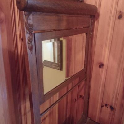 Antique Oak Wash Stand with Mirror and Towel Rod