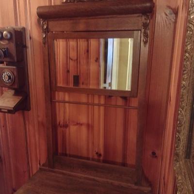 Antique Oak Wash Stand with Mirror and Towel Rod