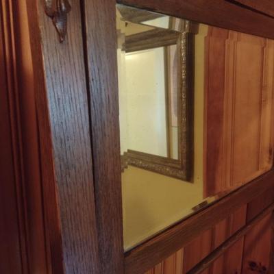 Antique Oak Wash Stand with Mirror and Towel Rod