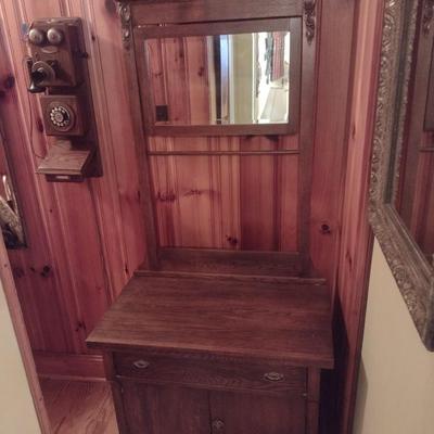 Antique Oak Wash Stand with Mirror and Towel Rod