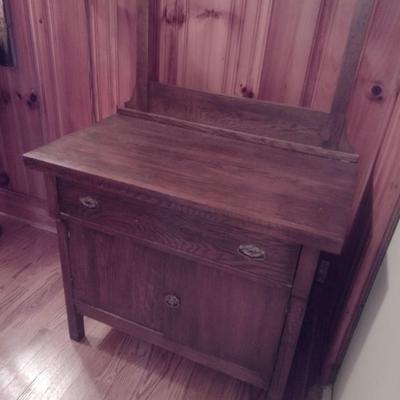 Antique Oak Wash Stand with Mirror and Towel Rod