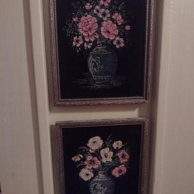 Pair of Vintage Floral Pictures on Felt Canvas