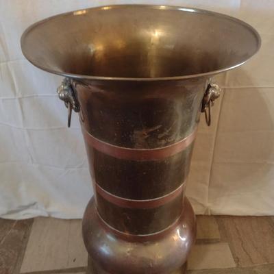 Large Brass Floor Vase with Lion Head Handles