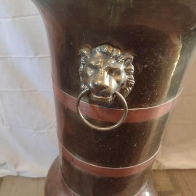 Large Brass Floor Vase with Lion Head Handles