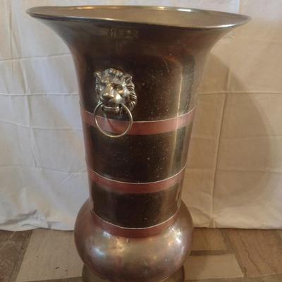 Large Brass Floor Vase with Lion Head Handles