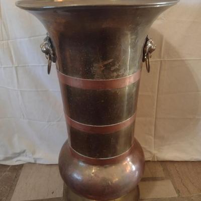 Large Brass Floor Vase with Lion Head Handles