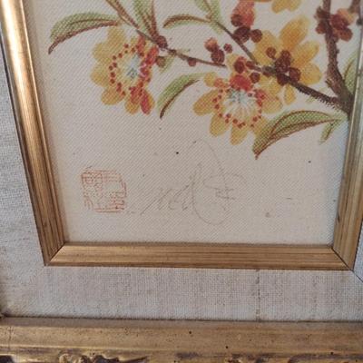 Pair of Nicely Framed Asian Influence Birds on a Branch Art on Canvas Signed