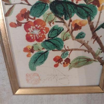 Pair of Nicely Framed Asian Influence Birds on a Branch Art on Canvas Signed