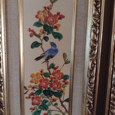 Pair of Nicely Framed Asian Influence Birds on a Branch Art on Canvas Signed