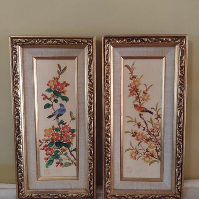 Pair of Nicely Framed Asian Influence Birds on a Branch Art on Canvas Signed
