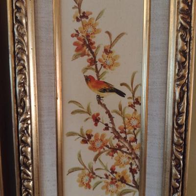Pair of Nicely Framed Asian Influence Birds on a Branch Art on Canvas Signed