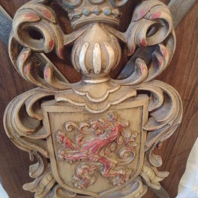 Medieval Crest with Crossing Cutlery on Solid Wood Plaque