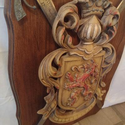 Medieval Crest with Crossing Cutlery on Solid Wood Plaque