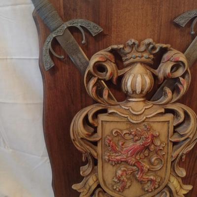 Medieval Crest with Crossing Cutlery on Solid Wood Plaque