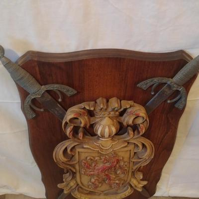 Medieval Crest with Crossing Cutlery on Solid Wood Plaque