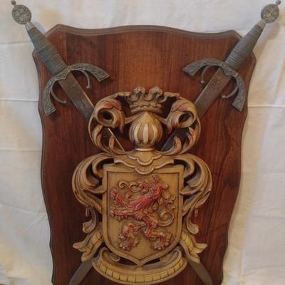 Medieval Crest with Crossing Cutlery on Solid Wood Plaque