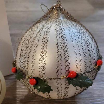 Antique Wire & Holly Ball and Blown Glass Tear Drop Ornament with Blown Glass Tree Inside