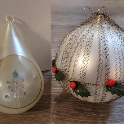 Antique Wire & Holly Ball and Blown Glass Tear Drop Ornament with Blown Glass Tree Inside