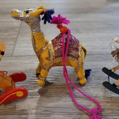 Vintage Wood Rocking Lion, Rocking Horse and Traditional Moroccan Fabric Camel Ornaments