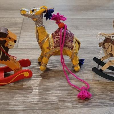Vintage Wood Rocking Lion, Rocking Horse and Traditional Moroccan Fabric Camel Ornaments