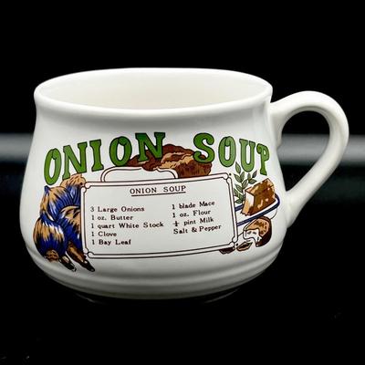 Vtg. Wide Soup Mugs With Recipe ~ Set Of Four (4)