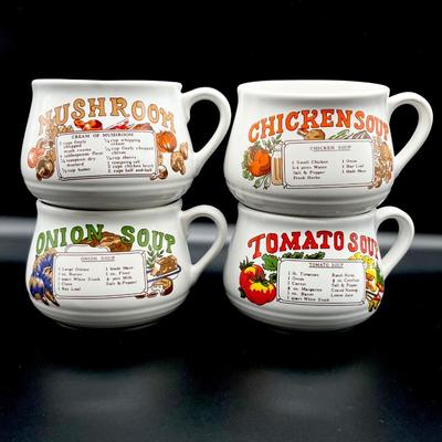 Vtg. Wide Soup Mugs With Recipe ~ Set Of Four (4)