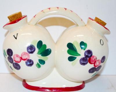 Handpainted Vinegar & Oil Flowered Container 6" W x 4 1/2" H