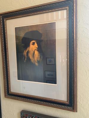 Vintage print of Leonardo Da Vinci self portrait in lovely vintage frame
